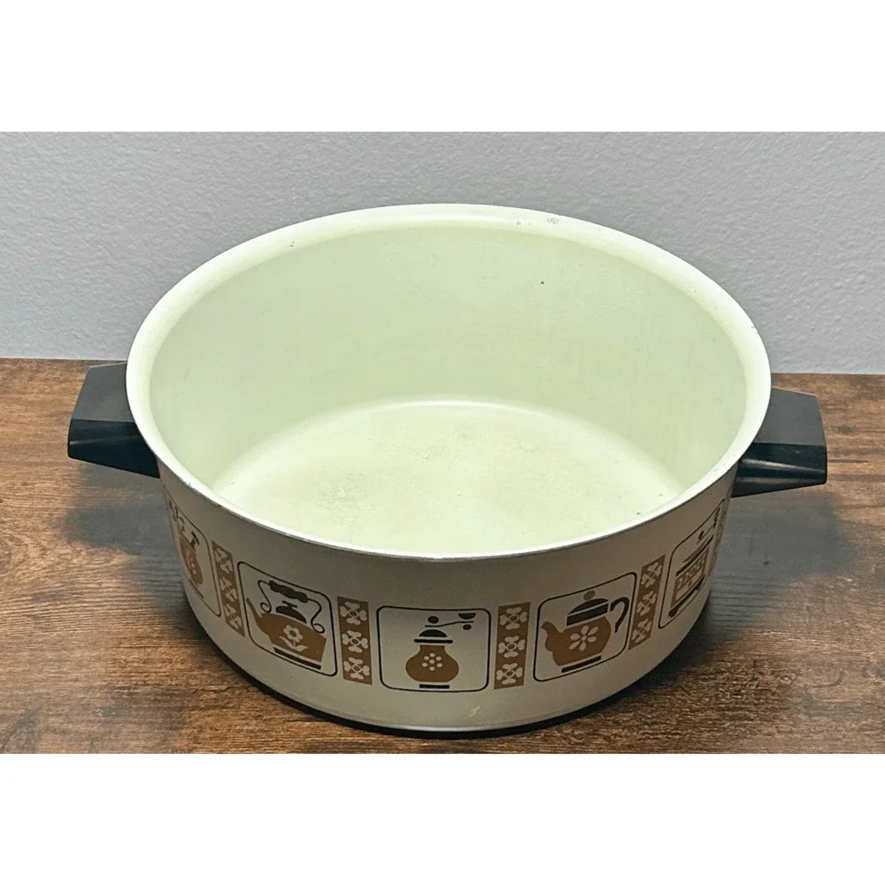 Vintage 1970s Enamel Sauce Pan Stock Pot 5 Qt MCM Coffee & Grinder Design